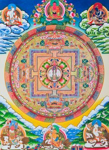 Mandala con Avalokiteshvara dalle mille braccia; il sacro cerchio magico che raffigura il Bodhisattva dalle undici teste che simboleggia la compassione infinita
