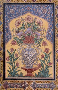 Vaso con fiori, dettaglio decorativo dalla Moschea Wazir Khan, Lahore, Punjab, Pakistan