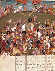 Arte islamica: scena di battaglia. Miniatura persiana da un manoscritto del poema epico “Shahnameh” (Libro dei Re) di Ferdowsi da School Persian