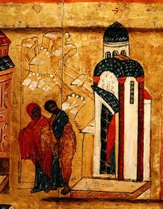 Icona raffigurante i doni di Gioacchino e Anna rifiutati a causa della loro sterilità (dettaglio) da School Russian