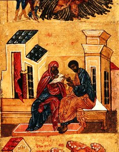 Icona raffigurante la Vergine con i suoi genitori, Gioacchino e Anna (dettaglio) da School Russian