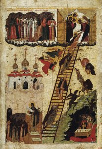 ""La scala del paradiso di San Giovanni Climaco"" (Scala santa di San Giovanni il Sinaita) Rappresenta i monaci che raggiungono la cima della scala e quelli che cadono negli inferi - icona russa dell