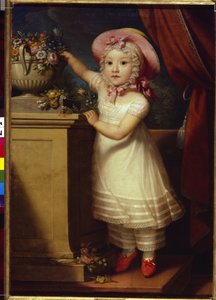 Ritratto di Ekaterina Dmitrievna Obreskova (1822-1874). Una bambina elegante e preziosa si alza sulle punte per prendere alcuni fiori da un bouquet. da School Russian