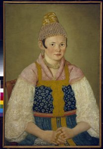 Ritratto della moglie di un mercante con il kokochnik tradizionale