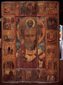 San Nicola di Myra o di Bari, con scene della sua vita. Icona russa, tempera su legno, inizio XV secolo, arte antica di Yaroslavl (Russia). Museo Statale d