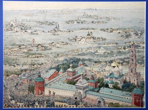 Vista del monastero della Trinità San Sergio a Sergiev Posad con la processione di Pasqua da Mosca da School Russian