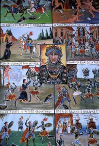 Un decor di teatro di marionette chiamato Puppi, appartenente a una tradizione siciliana che risale ai tempi antichi e mirata a raccontare la storia delle invasioni e delle conquiste normanne. Palermo, Sicilia, Italia da School Sicilian