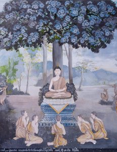 Affresco che raffigura una scena della vita del Buddha, tempio Wat Phra That Doi Suthep