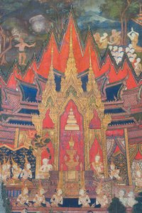 Murali nella cappella Buddhaisawan che raffigurano Indra che scende dai cieli subito dopo la cremazione del Buddha prendendo la reliquia più preziosa, un dente nascosto nello chignon del brahmano