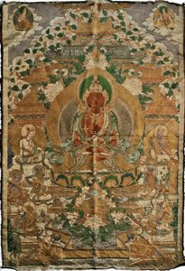 Amitabha (Buddha della Terra Pura) - Pittura tibetana, pigmenti e oro su tessuto, fine del 19° secolo, 74x51 cm - (Amitayus Buddha Thangka, cultura tibetana, pigmenti e oro su tessuto, fine del 19° secolo) - Collezione privata