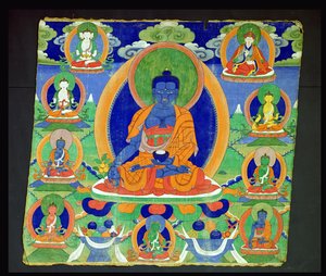 Thangka che mostra Il Buddha della Medicina, Bhaishajyaguru (Menla) Tibetano da School Tibetan