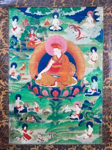 Il Lama Rje-grags Rtod Iha-pa-pa- dbang Graps con aureola e circondato da numerosi mahasiddha (yogin), vissuto in India e Tibet (VII-XI secolo), gouache su tela da School Tibetan
