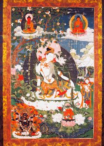 Il bodhisattva Avalokitesvara Padmapani seduto, tanka o thangka (stendardo buddhista), civiltà tibetana da School Tibetan