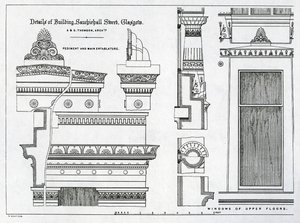 Dettagli architettonici delle camere greche, 336-356 Sauchiehall Street, Glasgow, progettate da Alexander Greek Thomson, 1869 da Scottish School