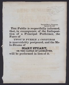 Avviso di un cambiamento nello spettacolo programmato al Theatre Royal, Edimburgo, 30 settembre 1829 da Scottish School