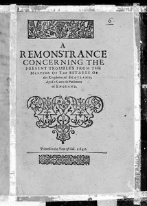 Pagina del titolo di A Remonstrance concerning the present troubles from the meeting of the estates of the Kingdome of Scotland, pubblicato 1640 da Scottish School
