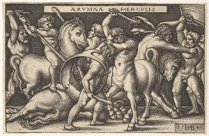 Ercole con la sua clava al centro che combatte un centauro, altri uomini che combattono centauri a sinistra, 1542