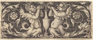 Ornamento con tritoni che soffiano corni da Sebald Beham