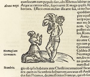 Una strega evoca un demone a tre teste, dall