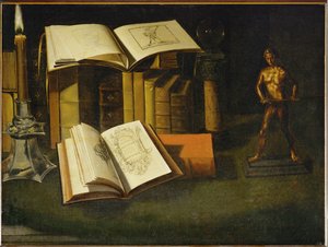 Libro, candela e statuetta - Libro, candela e statuetta ... da Sebastian Stoskopff