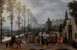 Una compagnia elegante che passeggia fuori da un palazzo