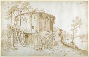Il Tempio di Vesta nel Foro Boario, visto da nord, il Tevere a destra, c.1650