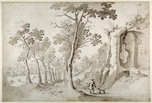 Veduta della Porta Ripa da un viale di alberi tra le rovine sull