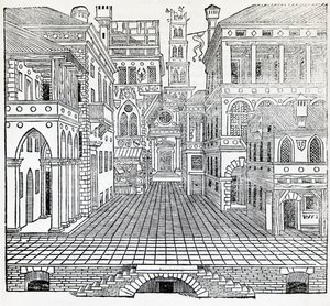 Scena magica, scenografia teatrale di Sebastiano Serlio, illustrazione dal Trattato di Architettura, Libro II da Sebastiano Serlio