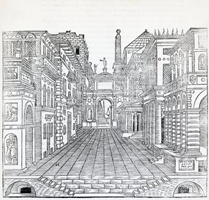 Scena magica, scenografia teatrale di Sebastiano Serlio, illustrazione dal Trattato di Architettura, Libro II da Sebastiano Serlio