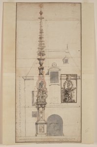 Projet de Mai des Gobelins permanente (recto) (gesso nero, gesso rosso, penna e inchiostro nero e marrone, lavaggio grigio, su due fogli uniti)