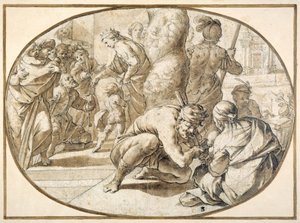Una regina che distribuisce elemosine a un mendicante storpio nel tempio di Gerusalemme, inizio XVII secolo da Second School of Fontainebleau