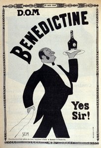 Pubblicità per il digestivo “Benedictine”. Un ragazzo del caffè porta una bottiglia su un vassoio. Disegno di Sem (1910) da Sem