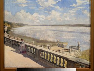 Giornata di sole, una donna alla balaustra da Sergei Arsenevich Vinogradov