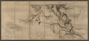 Scimmie e alberi su una riva del fiume, periodo Momoyama da Sesson Shukei