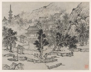 Dodici vedute della Collina della Tigre, Suzhou: Vista lontana della Collina della Tigre dal canale di ormeggio, dopo il 1490 da Shen Zhou