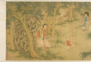 Donne e bambini in un giardino da Shi Wang