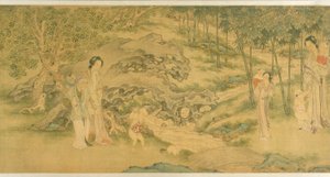 Donne e bambini in un giardino da Shi Wang