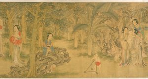 Donne e bambini in un giardino da Shi Wang