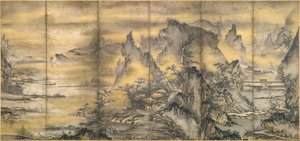 Giapponese: 『式部輝忠筆 四季山水図屏風 室町時代 』 Paesaggio delle quattro stagioni, uno di una coppia da Shikibu Terutada