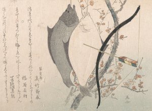 Halibut e un arco con freccia appesi a un albero di prugne da Shinsai