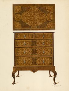 Cassettiera intarsiata con marqueterie da Shirley Charles Llewellyn Slocombe