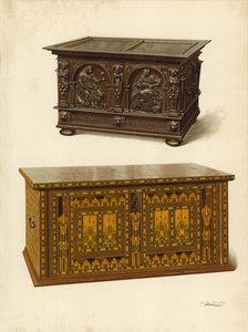 Cassapanca di quercia, proprietà di Seymour Lucas; Cassapanca Nonesuch intarsiata in quercia (cromolitografia) da Shirley Charles Llewellyn Slocombe