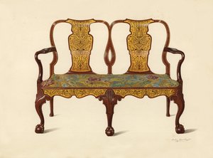 Divano in noce intarsiato con marqueterie, proprietà di Percy Macquoid da Shirley Charles Llewellyn Slocombe