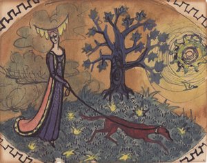 Dama medievale e cane, c. 1950