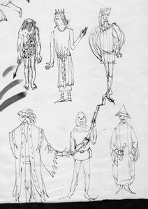 Pagina di schizzi, persone in costume d