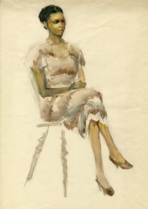 Donna seduta in abito marrone, c. 1952 da Shirley Markham