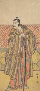 Ichikawa Danjuro V come Kudo Suketsune, riccamente vestito, appoggiato alla sua spada, fine XVIII secolo
