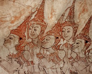 (dettaglio) dipinti murali che mostrano divinità celesti risalenti al tardo periodo Ayutthaya (pittura su pietra)