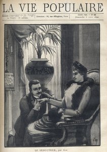 Un uomo in ginocchio tiene la mano di una donna elegante, seduta in un salotto borghese, indossando il suo cappotto, una manica e una sciarpa di pelliccia. Illustrazione per Le Seducteur par Gyp (Sibylle Gabrielle Marie Antoinette Riquetti de Mirabeau, Con da Sibylle Gabrielle de Riquetti de Mirabeau