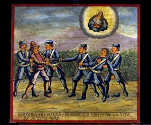 Ex-voto siciliano: Il carabiniere Manna per miracolo non perde la vita il 27/08/1872. Rappresentazione di un brigantaggio: Un brigante spara al carabiniere Manna mentre gli altri carabinieri lo fermano da Sicilian School